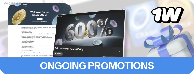 Check out the ongoing promotions at 1w and claim your bonus today!